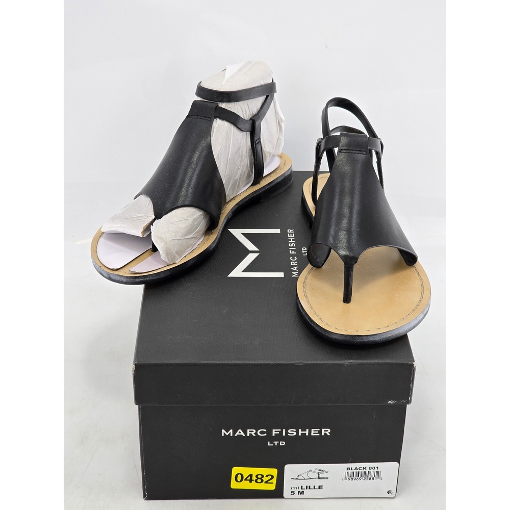 Marc Fisher Lille Flat Sandals Womens 5 Black Leather Ankle Strap - NEW